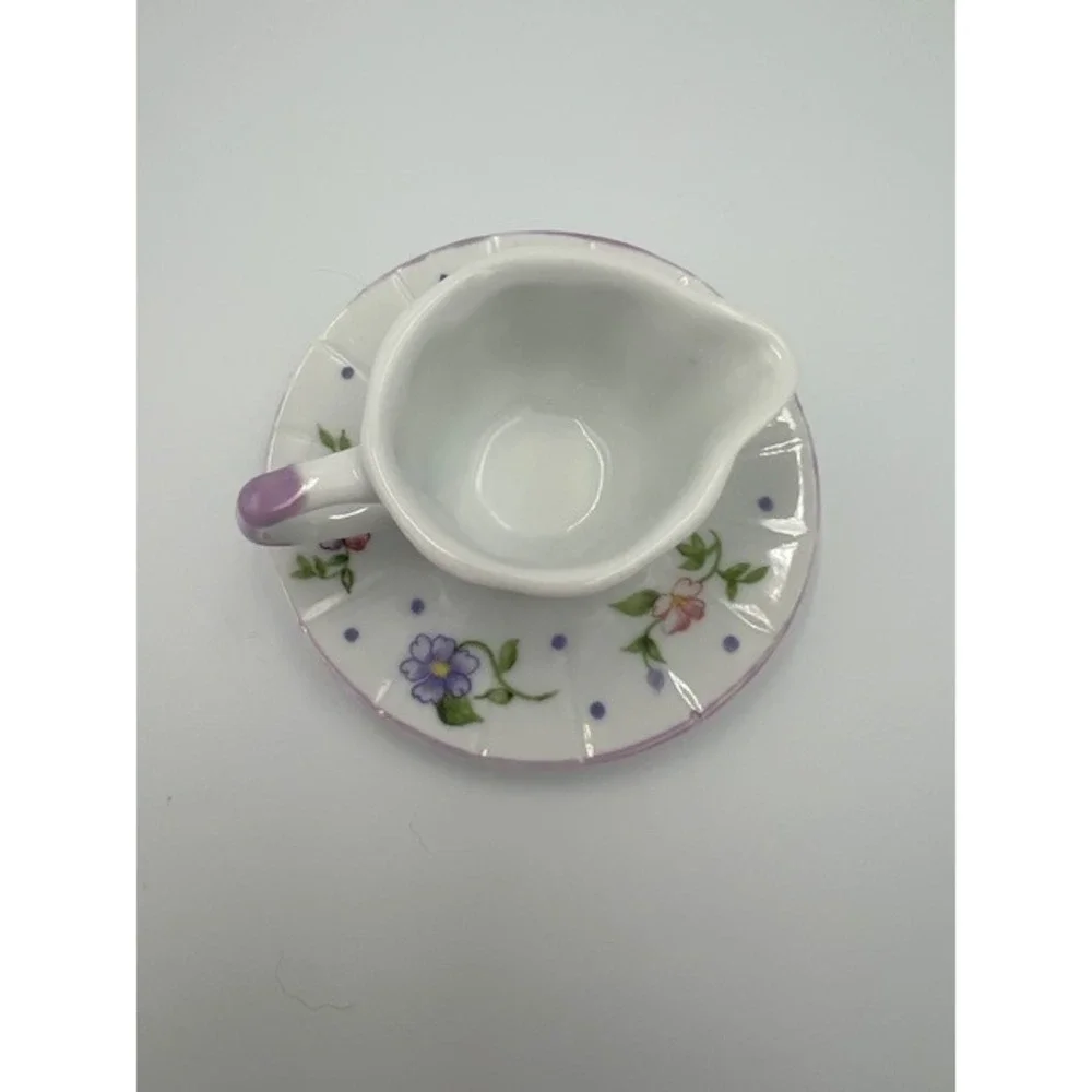 Miniature Floral Porcelain Creamer and Saucer Set Purple White Tea Set Accessory